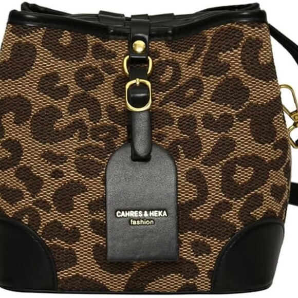 Leopard Print Drawstring Bucket Bag Cheetah Pu Leather Crossbody Drawstring Buck - Picture 1 of 6